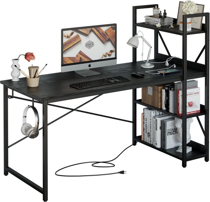 Computer Desk 55" with Power Outlet and Storage Shelves, Study Writing Table with USB Ports Charging Station, PC Desk Workstation for Home Office, Black