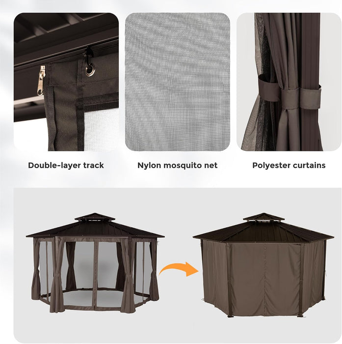 13x15 Ft Hexagonal Gazebo Brown OutdoorLiving Patio