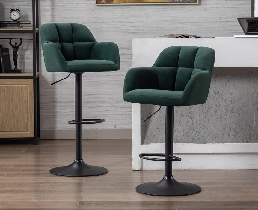 Modern Swivel Bar Stools Set of 2 Velvet Counter Height Barstools with Back and Arms Adjustable Bar Stool Chairs with Metal Base for Kitchen Island/Home Bar/Dining Room, Green