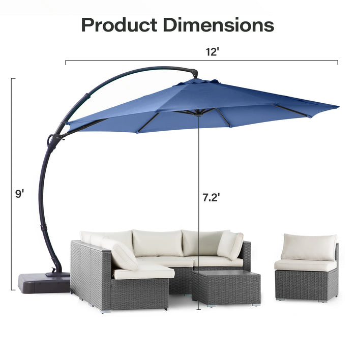 12FT Deluxe Patio Umbrella with Base, Outdoor Large Hanging Cantilever Curvy Umbrella with 360° Rotation, Navy Blue