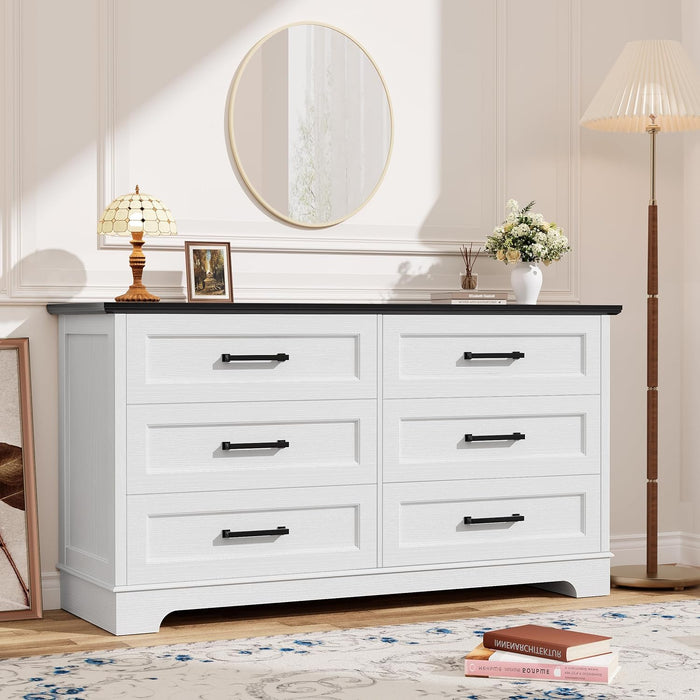 Dresser for Bedroom, Farmhouse 6 Drawers Dresser, Chest of Drawer Chest, Multi-Tier Clothing Storage Cabinet, White and Black