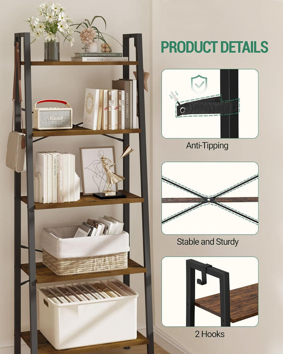 Ladder Shelf, Bookshelf, Freestanding Corner Storage Shelf | Bookcase with 2 Hooks for Office, Living Room, Kitchen, Bedroom, Industrial, 11.8"D X 23.6"W X 63"H, Rustic Brown BC19301B