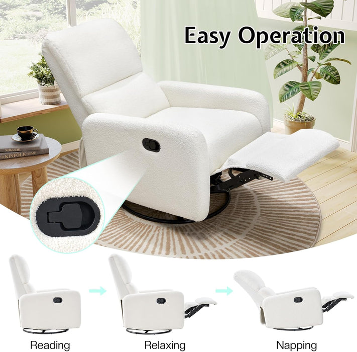 Swivel Rocking Chair, Nursery Glider Recliner Chairs for Adults, Rocker for Living Room Bedroom, Comfy Upholstered Modern Nursing Reclining Single Sofa, Off-White Teddy