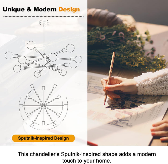 33" Modern Chandelier Ceiling Light Fixture, 12-Light Sputnik Chandeliers Matte Black Mid Century Chandelier over Table, Height Adjustable Chandeliers for Dining Room Living Room (Bulbs Not Included)