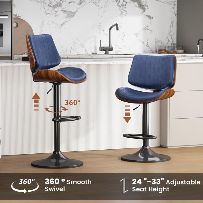 Swivel Bar Stools 2PCS, Adjustable Bentwood Barstools for Kitchen Counter | Modern PU Leather Upholstered Bar Chair with Back and Footrest, for Kitchen Island, Bar, Dining Room, Navy