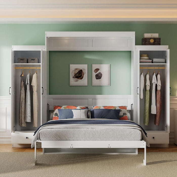 Queen Size Murphy Bed with Desk & One Slide Storage Shelf & 68-Inch Wall Bedframe Folding into Cabinet Design,For Small Space,Bedroom,Guest Room, White