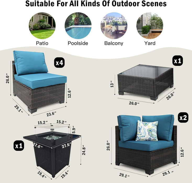 8-Piece Patio Set Furniture Rattan Wicker Outdoor Sectional Sofa with 28" Gas Fire Pit Set and Cushions, Conversation Set for Backyard, Patio, Garden, Brown/Peacock Blue