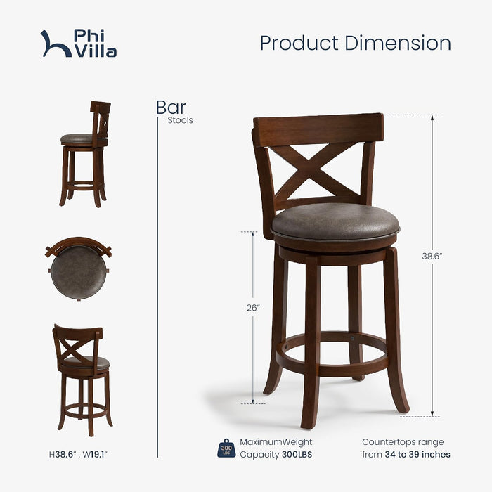 26 Inch Swivel Bar Stools Set of 3, Counter Height Bar Stools | Wooden Bar Stools, Faux Leather Kitchen Stools, Counter Height Chairs with Solid Wood Legs & Wrap-Around Footrest