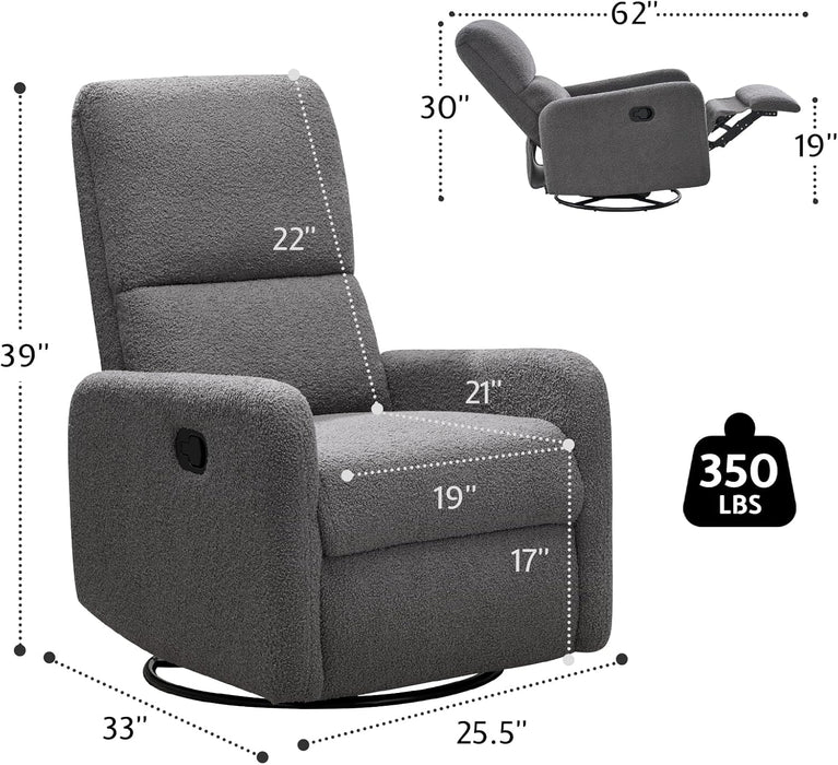 Swivel Rocking Chair, Nursery Glider Recliner Chairs for Adults, Rocker for Living Room Bedroom, Comfy Upholstered Modern Nursing Reclining Single Sofa, Grey Teddy