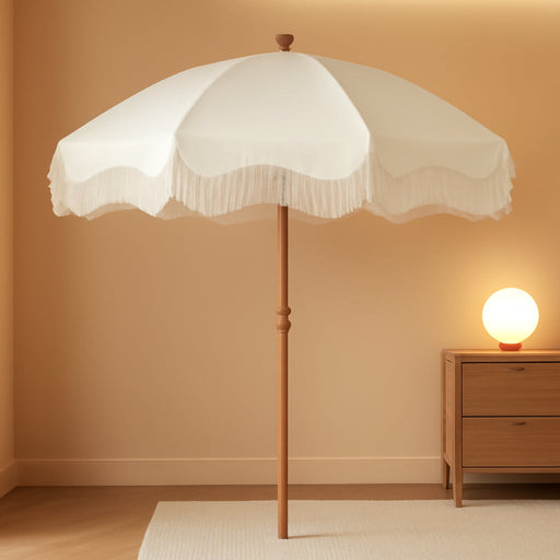7Ft Fringe Beach Umbrella White with Sand Anchor, Outdoor Patio White Portable Beach Umbrella for Sand with Tassels, Push Button Tilt & Carrying Bag, UPF 50+