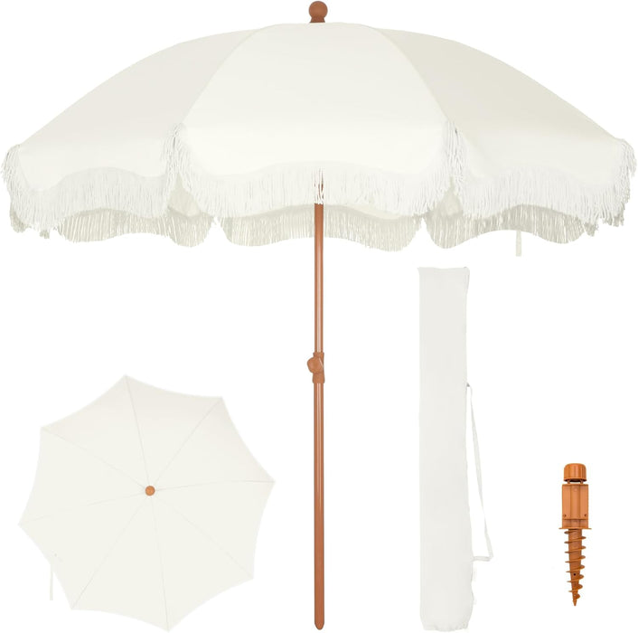 7Ft Fringe Beach Umbrella White with Sand Anchor, Outdoor Patio White Portable Beach Umbrella for Sand with Tassels, Push Button Tilt & Carrying Bag, UPF 50+