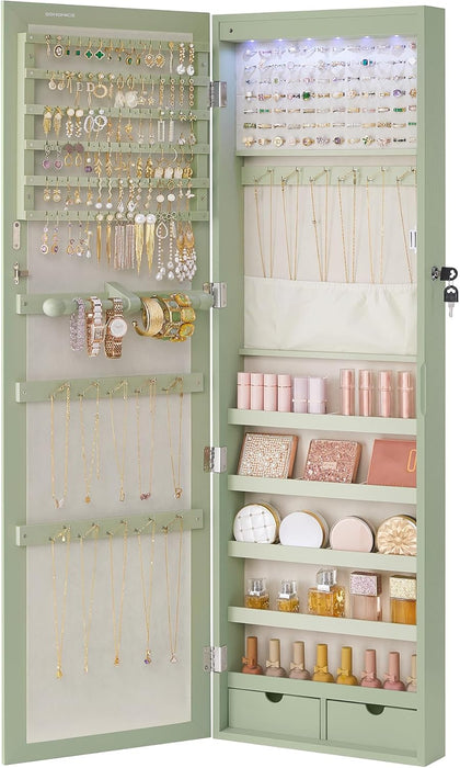 Leds Mirror Jewelry Cabinet, Tall Lockable Wall or Door Mounted Jewelry Armoire Organizer with Mirror, Drawers, X X