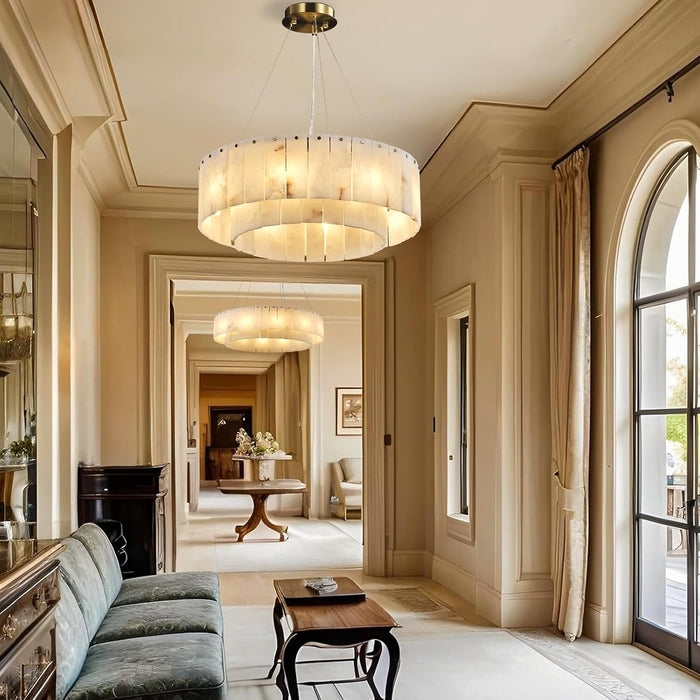 D23In Alabaster round Chandelier, Modern Marble Dining Room Chandeliers, 2 Tiers Brass Drum Pendant Light Fixtures, Gold Ceiling Light Chandelier for Living Room, Bedroom Lights, Foyer, Kitchen