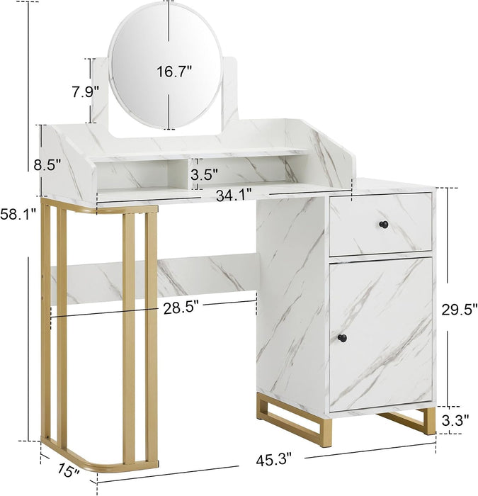 Light Luxury Dressing Table with Storage Cabinet, Modern Vanity Desk with Drawer, Home Makeup Station for Bedroom, Metal Dresser with Adjustable Mirror 3388 (White)