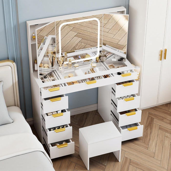 Glass Top Vanity Desk with Foldable Mirror and Lights, 11 Drawers Makeup Vanity with Charging Station, 3 Lighting Modes Dressing Table with Chair, White