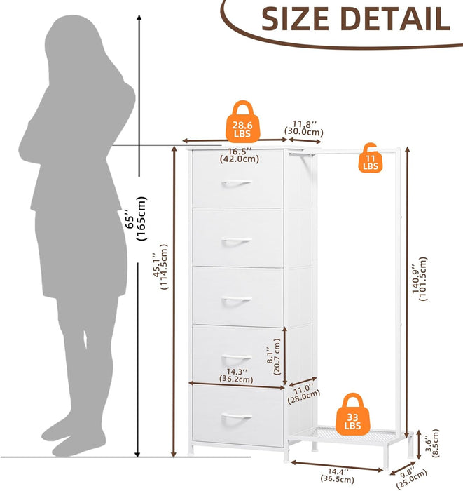 Dresser with Hanging Rack, 5 Drawers Small Closet for Bedroom, Reversible Dresser with Clothes Rack, Kids Dressers for Bedroom Chest of Drawers, Tall Storage Tower, White Leather