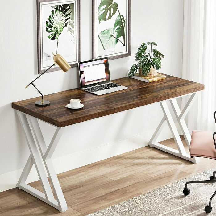 Modern Walnut/White 55" Heavy Duty Computer Desk, Study & Work Desk, 23.6"D X 55.1"W X 29.5"H, Z-Shaped Metal Legs, 330 Lbs Capacity