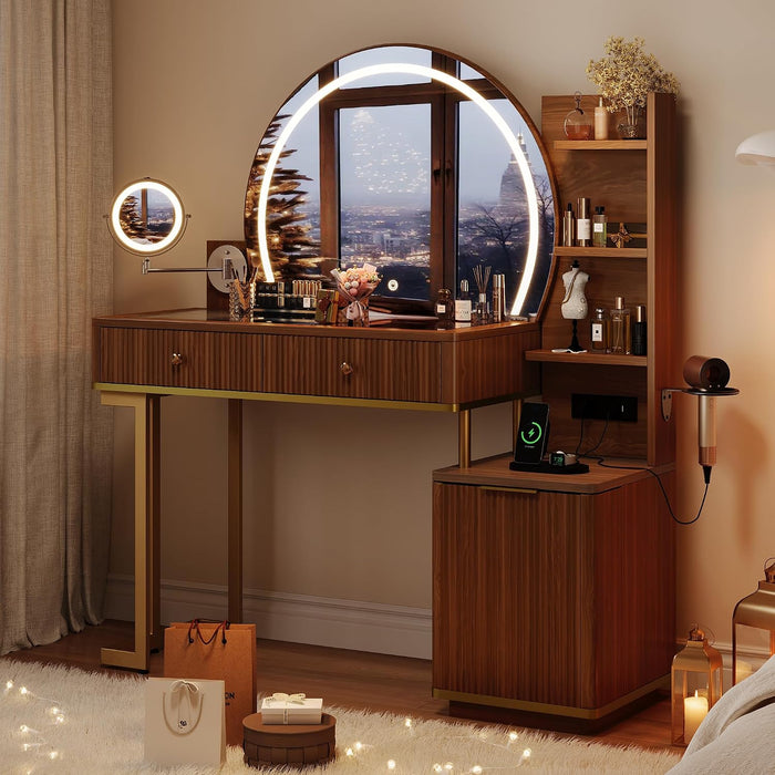 Makeup Vanity Desk with round Mirror and Lights, Glass Top Vanity Table W/5X Magnifying Makeup Mirror, Dressing Table W/Power Outlets, Doorshelves & Adjustable Storage, Dark Brown