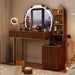Makeup Vanity Desk with round Mirror and Lights, Glass Top Vanity Table W/5X Magnifying Makeup Mirror, Dressing Table W/Power Outlets, Doorshelves & Adjustable Storage, Dark Brown