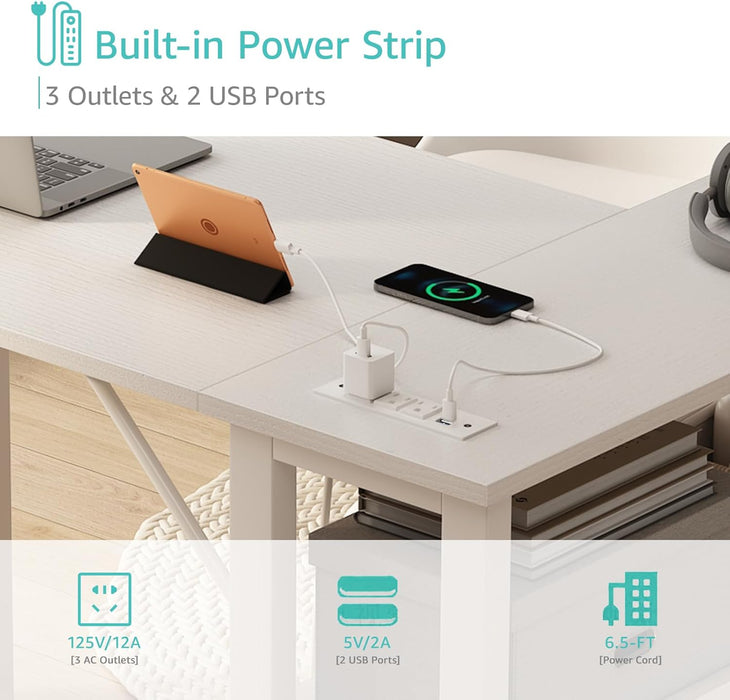 White 47Inch LShaped Corner Desk With ReversibleStorage