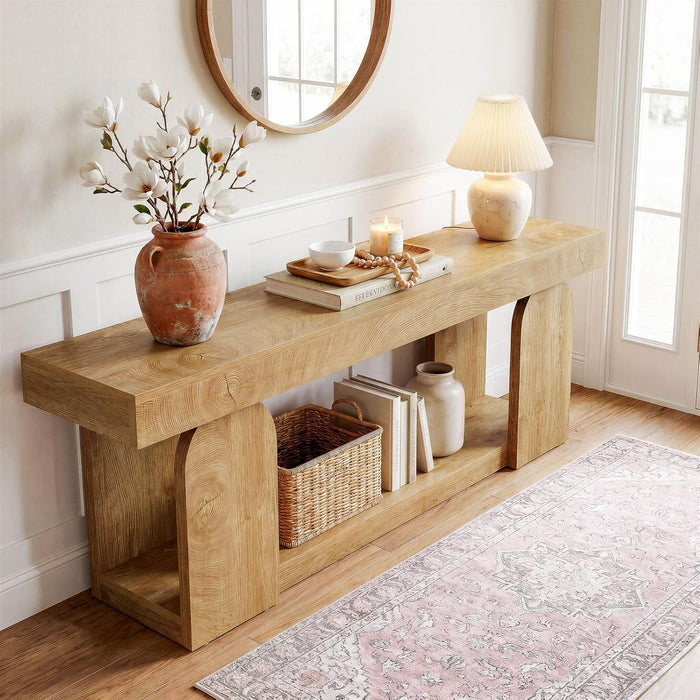 63-Inch Console Table for Entryway, Farmhouse Wooden Sofa Table behind Couch with 2-Tier Storage Shelf for Living Room, Foyer, Hallway, Entrance