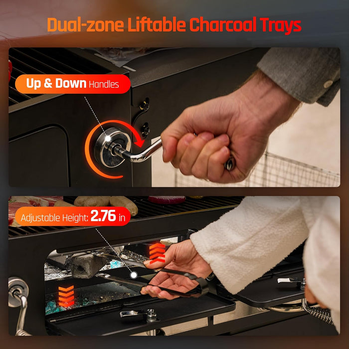 Charcoal Grills,36" Outdoor Barbecue Grill,Heavy Duty Dual-Zone Smoker Grill with 2 Lifting Charcoal Trays,Foldable Side Tables,Oversized Cooking Area for Bbq,Yard,Party