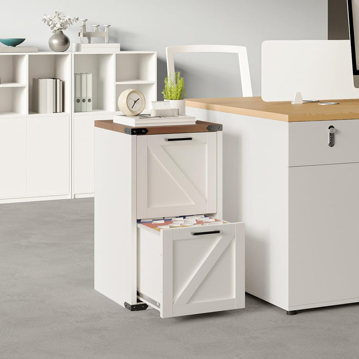 2 Drawer Farmhouse Metal File Cabinet, Home Office Filing Organizer for Letter File Folder Storage, Printer Stand with Drawers, Archivador, Vertical Filing Cabinet for Study, Business (White)