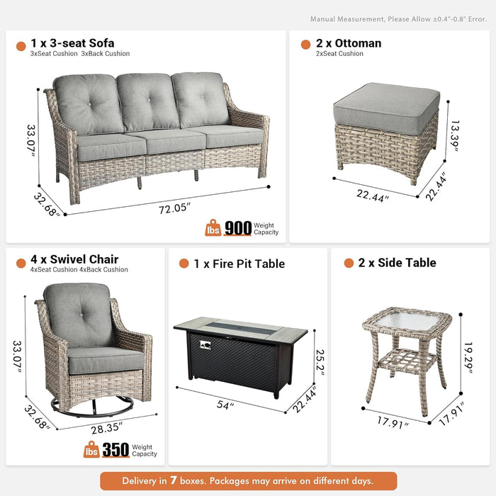 10 PCS Outdoor Patio Furniture Set with Fire Pit Table and Swivel Rocking Chairs,Patio Seating Sofa and Chair Set,All Weather Wicker Outdoor Conversation Sets for Garden Deck Yard,Dark Grey