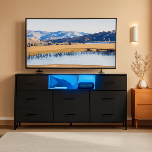 Dresser for Bedroom with Outlets & LED Lights, 8 Fabric Drawers