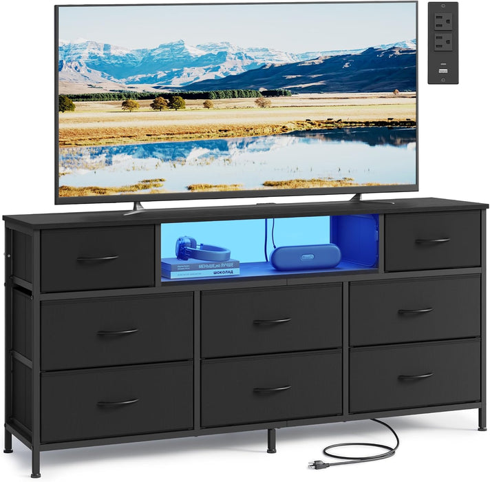 Dresser for Bedroom with Outlets & LED Lights, 8 Fabric Drawers