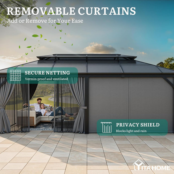 12X20Ft Gazebo Polycarbonate Hardtop Double Roof Canopy Outdoor with Netting and Shaded Curtains, Metal Frame Garden Tent for Patio, Backyard, Deck and Lawns, Grey