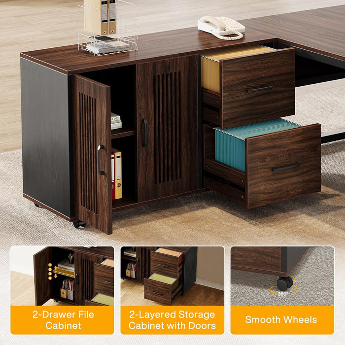 63-Inch L-Shaped Executive Desk, Modern Office Desk with Mobile File Cabinet, Large Executive Desks with Drawer, Business Furniture for Home Office, Dark Walnut & Black