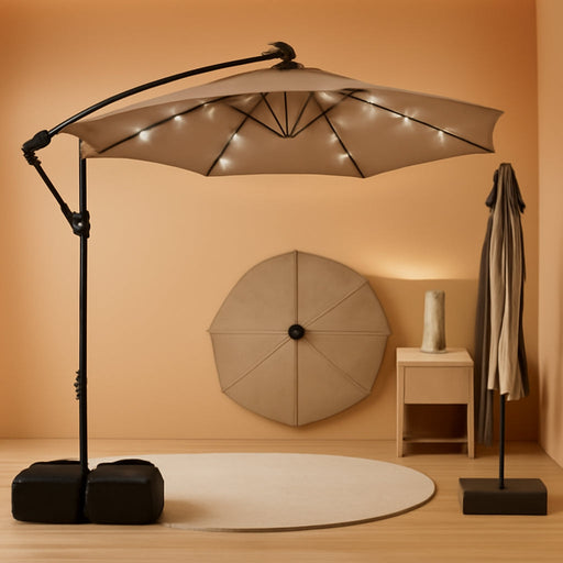 10Ft Solar Patio Umbrella with Base Included, Offset Cantilever Outdoor Umbrella with 32 LED Lights, 360 Degree Rotation, Crank Handle for Pool Deck Garden Backyard (Tan)