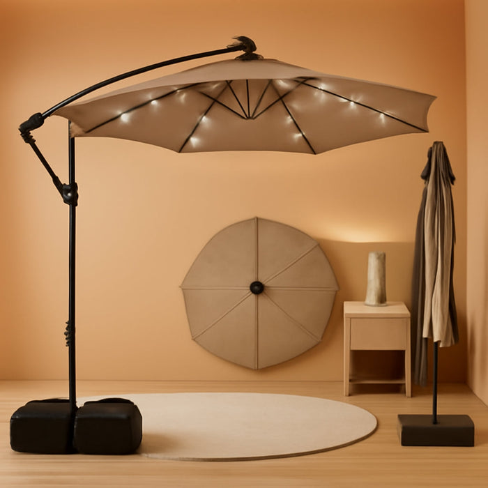 10Ft Solar Patio Umbrella with Base Included, Offset Cantilever Outdoor Umbrella with 32 LED Lights, 360 Degree Rotation, Crank Handle for Pool Deck Garden Backyard (Tan)