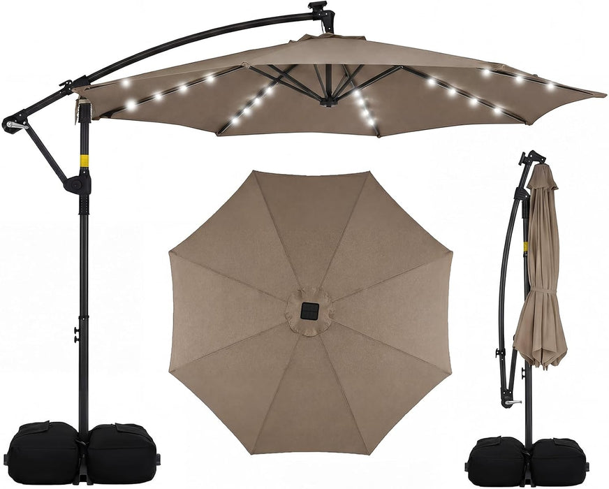 10Ft Solar Patio Umbrella with Base Included, Offset Cantilever Outdoor Umbrella with 32 LED Lights, 360 Degree Rotation, Crank Handle for Pool Deck Garden Backyard (Tan)