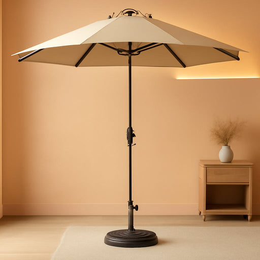 9FT Patio Umbrella Outdoor with Heavy Duty Base Included,Table Umbrella with Push Button Tilt and Crank, UV Protection Waterproof for Yard/Outdoor/Wedding Parties and Events - Tan