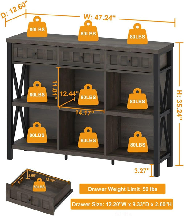 Rustic 6 Cube Storage Organizer Bookshelf with 3 Drawers, Short Low Horizontal Bookshelf for Living Room, Industrial Wood and Metal Cubby Bookcase for Home Office (Walnut Brown, 47 Inch)