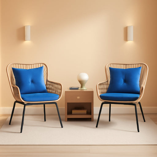 3-Piece Outdoor Patio Furniture Wicker Bistro Set, All-Weather Rattan Conversation Chairs for Backyard, Balcony and Deck with Soft Cushions, Glass Side Table (Light Brown+Navy Blue)