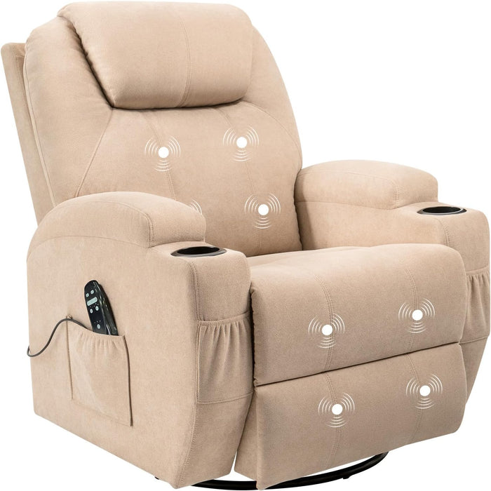 Rocking Chair Recliner Chair with Massage Swivel Ergonomic Lounge Chair Classic Single Sofa with 2 Cup Holders Side Pockets Living Room Chair Home Theater Seat (Beige)