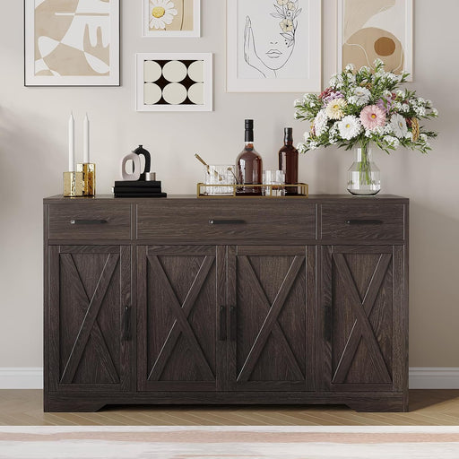 55 in Large Buffet Sideboard Cabinet with Storage 4 Doors and 3 Drawers Kitchen Storage Cabinet Coffee Bar Buffet Table for Dining Room, Living Room, Adjustable Shelf