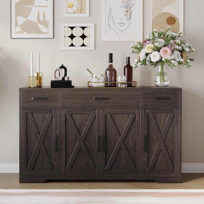 55 in Large Buffet Sideboard Cabinet with Storage 4 Doors and 3 Drawers Kitchen Storage Cabinet Coffee Bar Buffet Table for Dining Room, Living Room, Adjustable Shelf