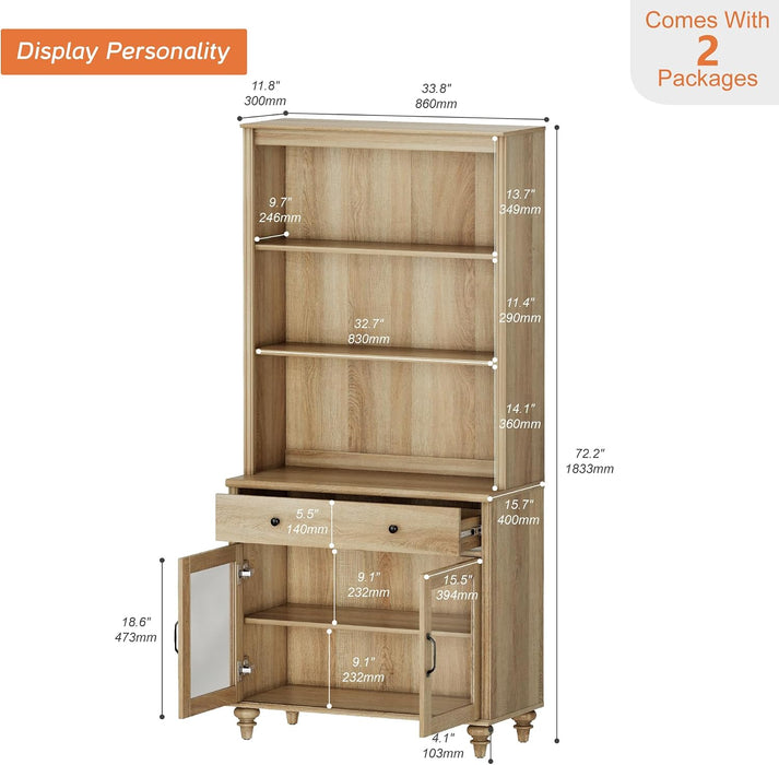 72" Tall 5 Tier Bookcase with Glass Doors & Drawers, Oak