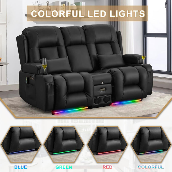 Loveseat Recliner Sofa with Massage and Heat, Power Reclining Loveseat Sofa RV Couch with Console, Home Theater Seating with LED Lights, Bluetooth Speakers, USB, Outlets, Faux Leather, Black