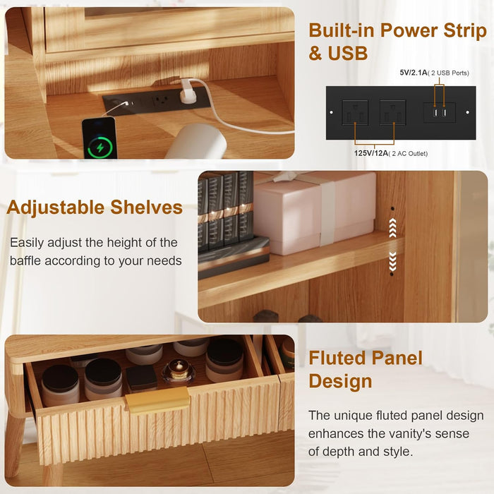 Vanity Desk with LED Lights Mirror & Power Outlet, Big Modern Fluted Vanity Desk with 24 in Hd Lighted Mirror, 5 Drawers and Storage Shelf, Dressing Table for Women Girls