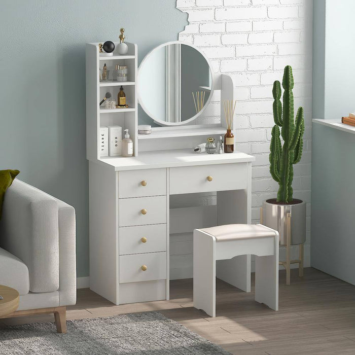 5-Drawers White Makeup Vanity Table Set with Stool Dressing Desk Vanity Wood with round Mirror Storage Shelves