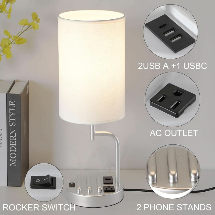 Table Lamp with 3 USB Charging Ports, Modern Desk Lamp with AC Outlet and Phone Stands, Perfect Bedside Lamp for Bedroom, Living Room, Office (Pack of 2), Silver