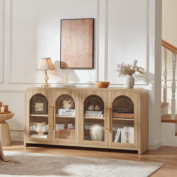 65" Sideboard Buffet Cabinet with Arched Glass Doors, Natural | Modern Wood Sideboard, Spacious Storage Credenza, Adjustable Shelves, Living Room Accent Cabinet, Dining Room & Entryway Use