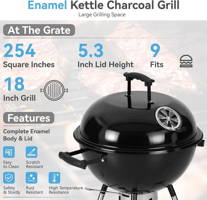 18 Inch Kettle Charcoal BBQ Grill with Wheels, Portable Charcoal Grill with Porcelain-Enameled Lid & Ash Catcher for Outdoor Cooking Barbecue Camping Picnics Tailgating, Black