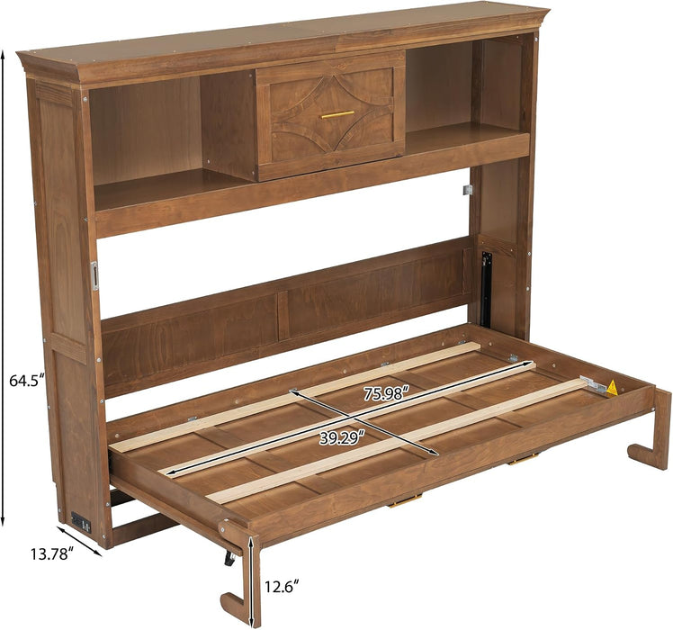 Natural Wood Twin Murphy Bed With StorageBookcaseDrawer