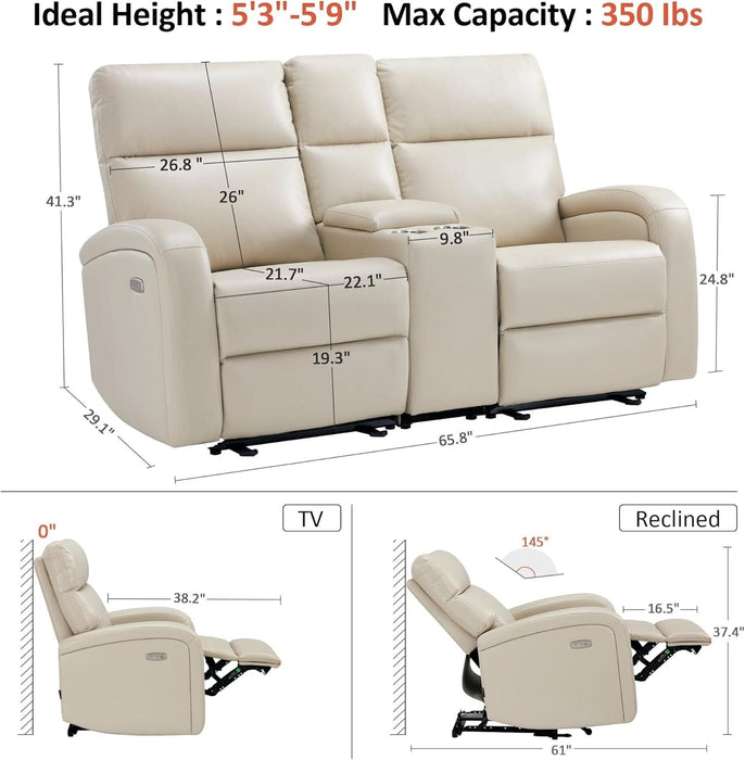 65.7" Zero Wall Recliner Loveseat with Console, 2-Seat Power Wall Hugger Sofa with Cup Holders, USB & Type-C Dual Charge Ports, for Living Room, RV PR646M2 (Beige, Loveseat with Console)
